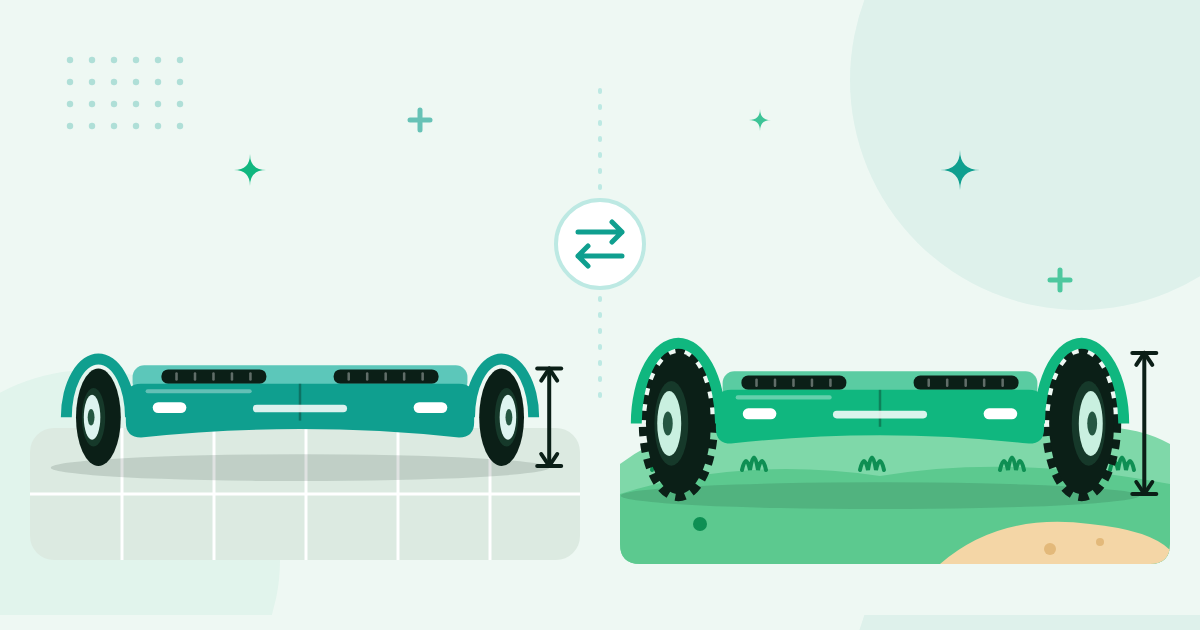 Illustratie van een hoverboard met 6,5 inch wielen op tegels naast een off-road hoverboard met grote 8,5 inch banden op gras en zand