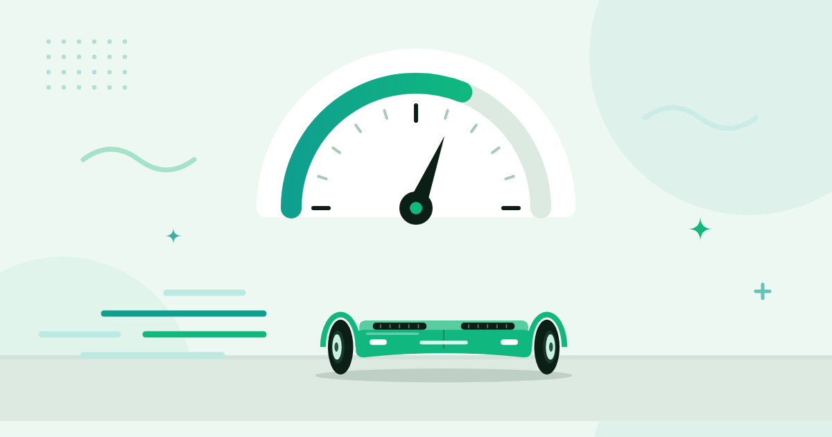 Illustratie van een snelheidsmeter zonder cijfers boven een rijdend hoverboard met snelheidsstrepen
