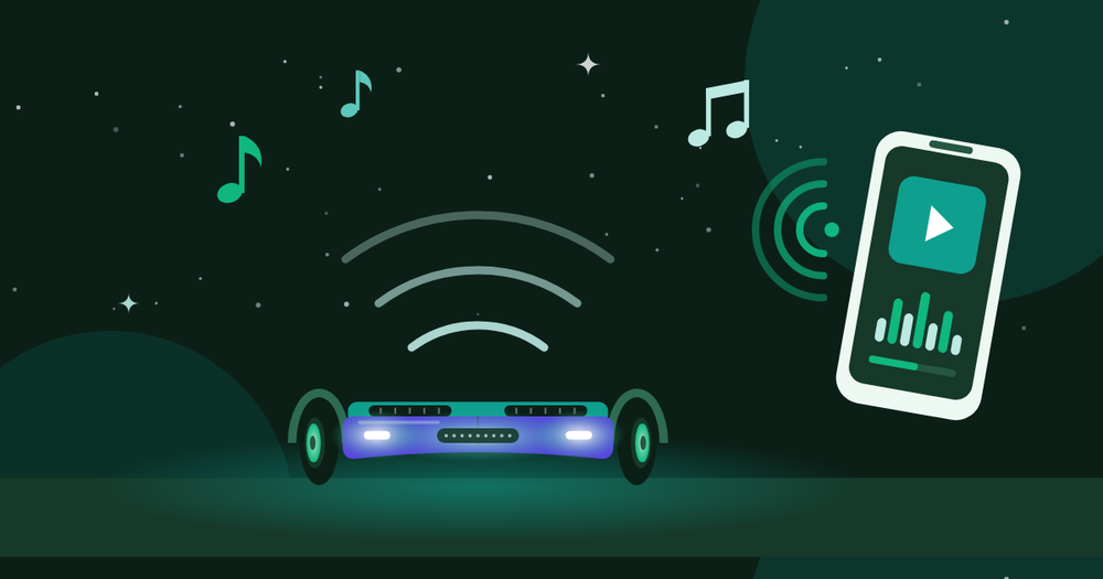 Illustratie van een hoverboard met brandende LED-lampjes in het donker, geluidsgolven, muzieknoten en een telefoon die muziek afspeelt