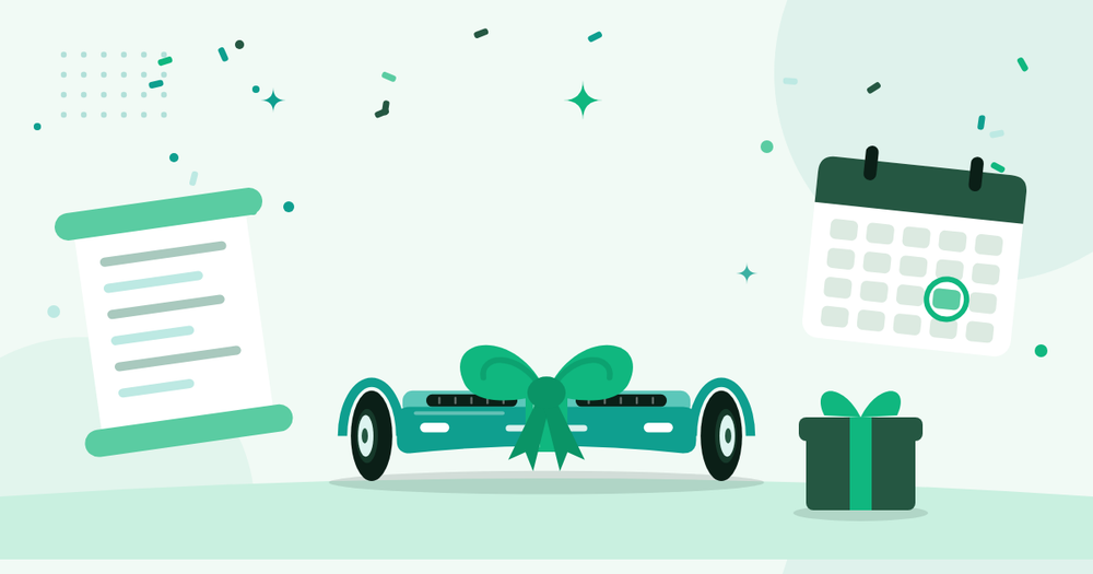 Illustratie van een hoverboard met een grote strik, met een cadeautje, een kalender met een omcirkelde dag en een rol met een gedicht