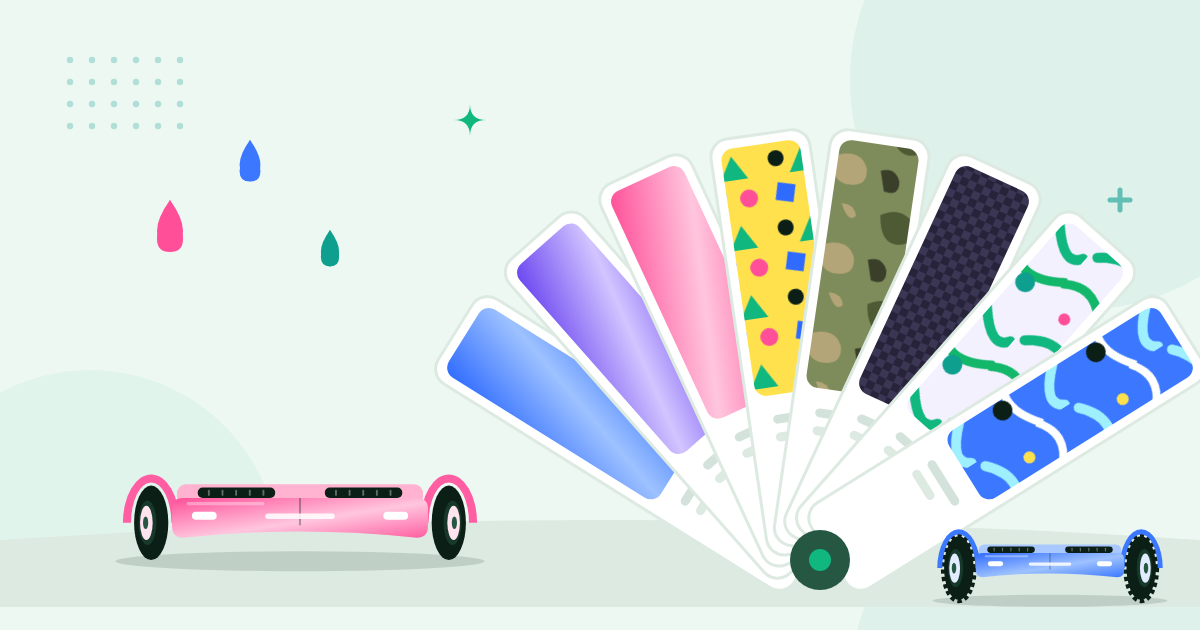 Illustratie van een waaier met kleurstalen in blauw, paars, roze, camouflage, carbon en kleurrijke prints, met een roze en een blauw hoverboard