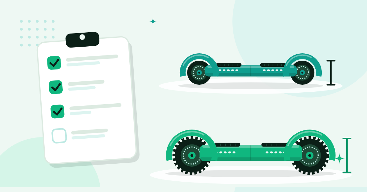 Illustratie van een checklist naast een hoverboard met 6,5 inch wielen en een off-road hoverboard met grotere 8,5 inch banden