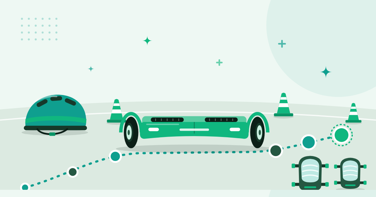 Illustratie van een hoverboard op een vlak oefenterrein met pionnen, een pad in stappen, een helm en twee kniebeschermers