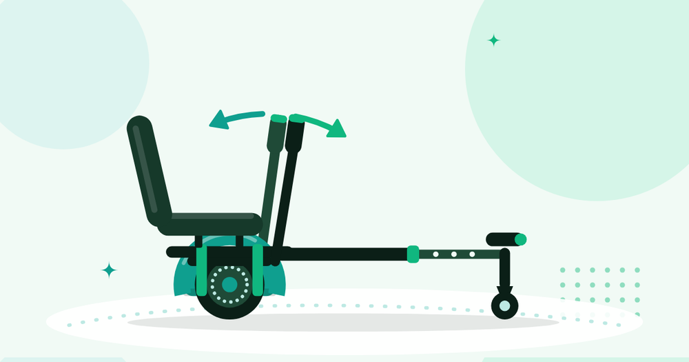 Illustratie van een hoverkart op een hoverboard, met stoeltje, verstelbaar frame en twee handgrepen om mee te sturen