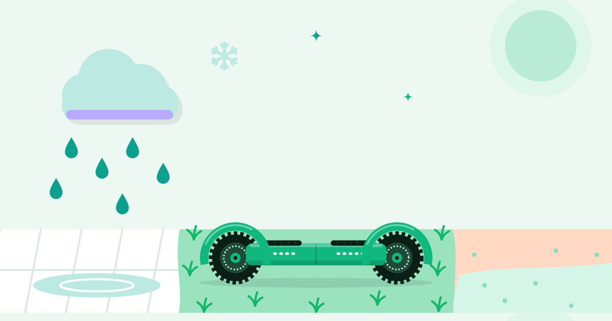Illustratie van een off-road hoverboard op gras, naast tegels met een plas en zand, met een regenwolk en een sneeuwvlok