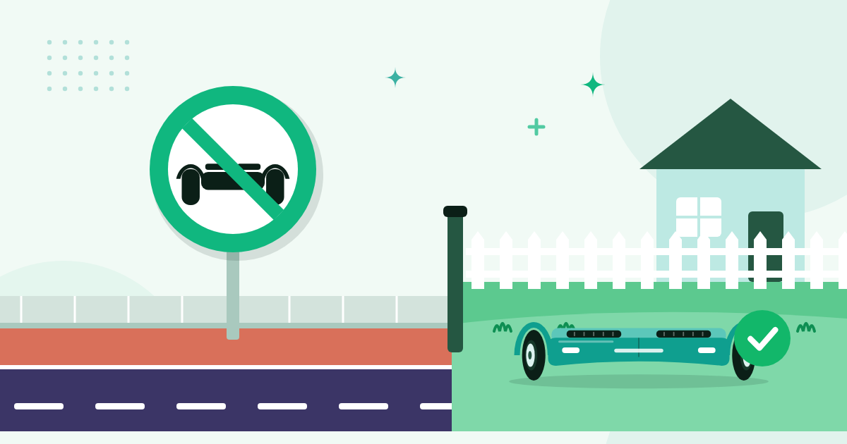Illustratie van een verbodsbord met een doorgestreept hoverboard bij stoep, fietspad en weg, en een hoverboard op gras in een eigen tuin