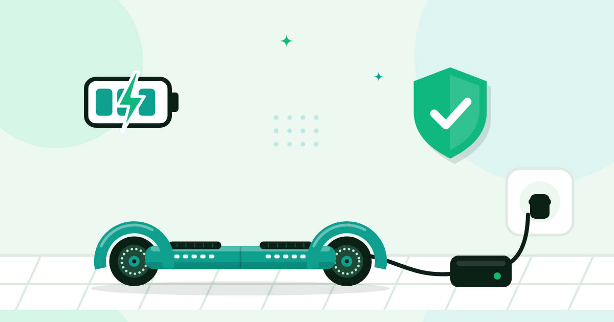 Illustratie van een hoverboard dat met de lader oplaadt op een harde tegelvloer, met een accu en een schild met vinkje