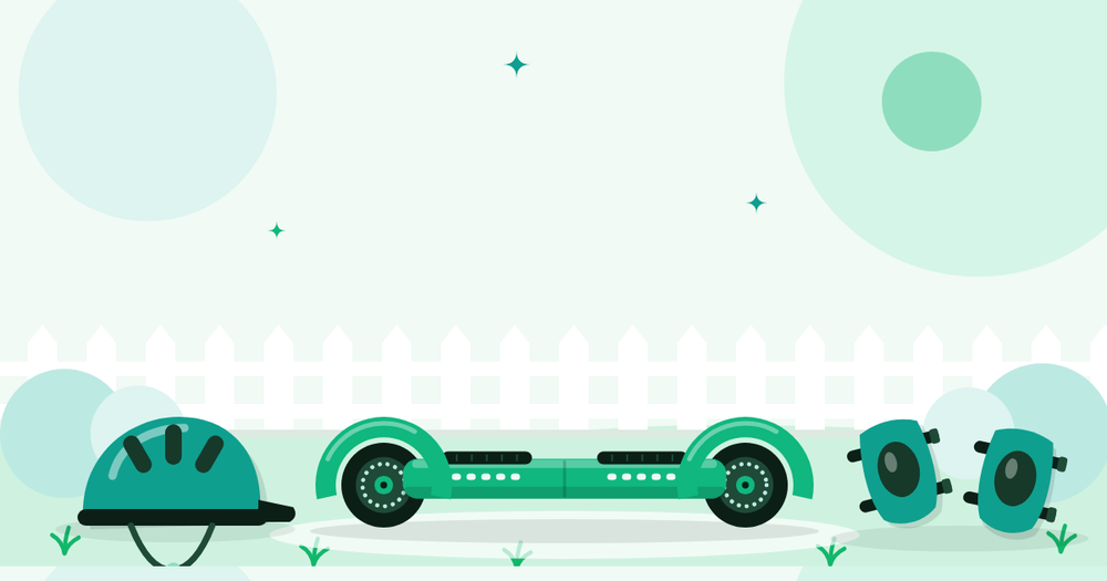Illustratie van een hoverboard op het gras in een omheinde tuin, met een helm en twee kniebeschermers