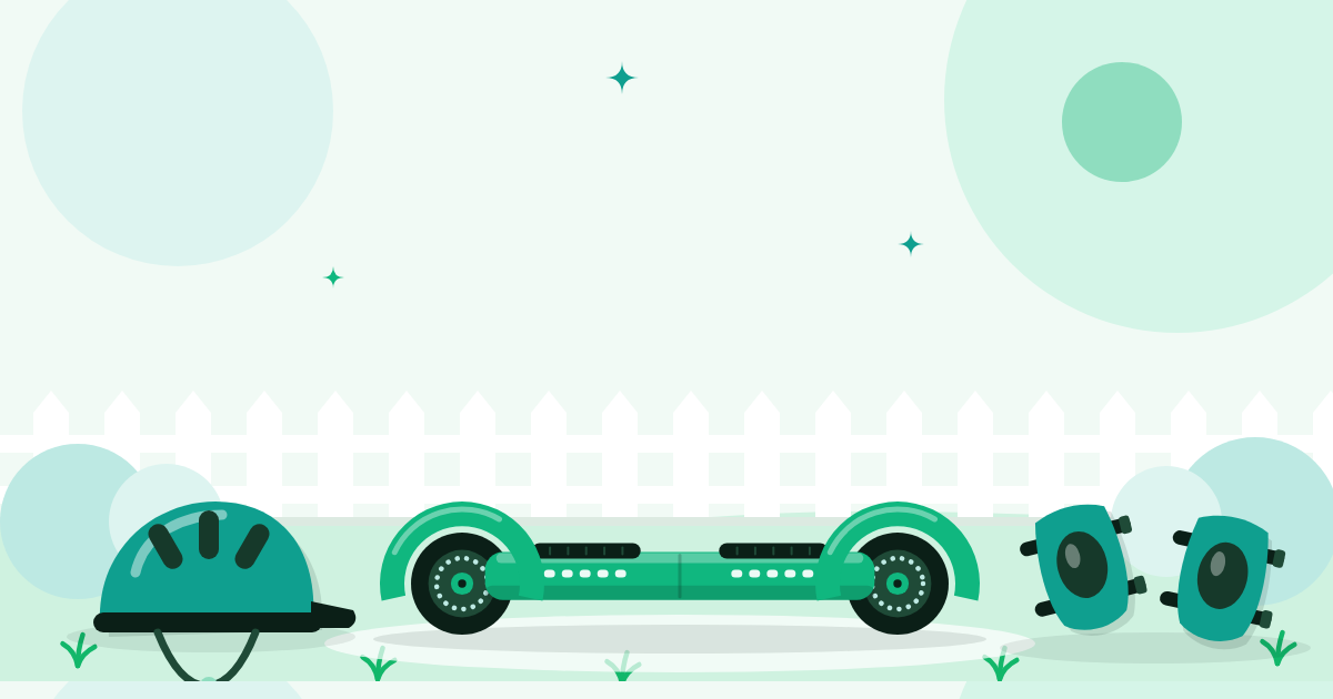 Illustratie van een hoverboard op het gras in een omheinde tuin, met een helm en twee kniebeschermers