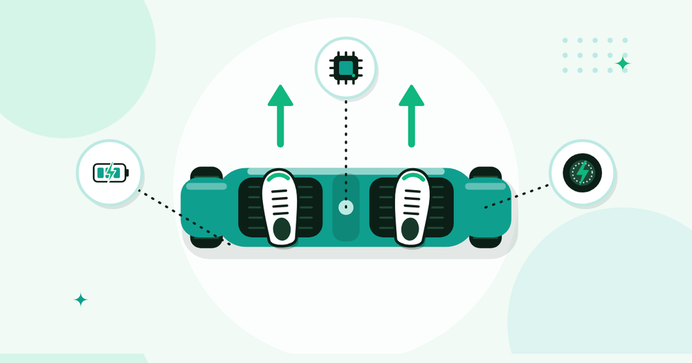 Illustratie van een hoverboard van bovenaf met twee voeten op de voetplaten en iconen voor sensor, accu en motor in het wiel