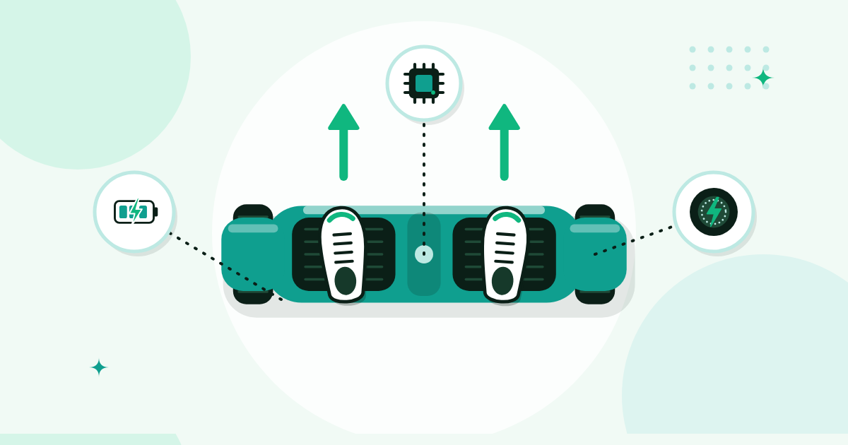 Illustratie van een hoverboard van bovenaf met twee voeten op de voetplaten en iconen voor sensor, accu en motor in het wiel