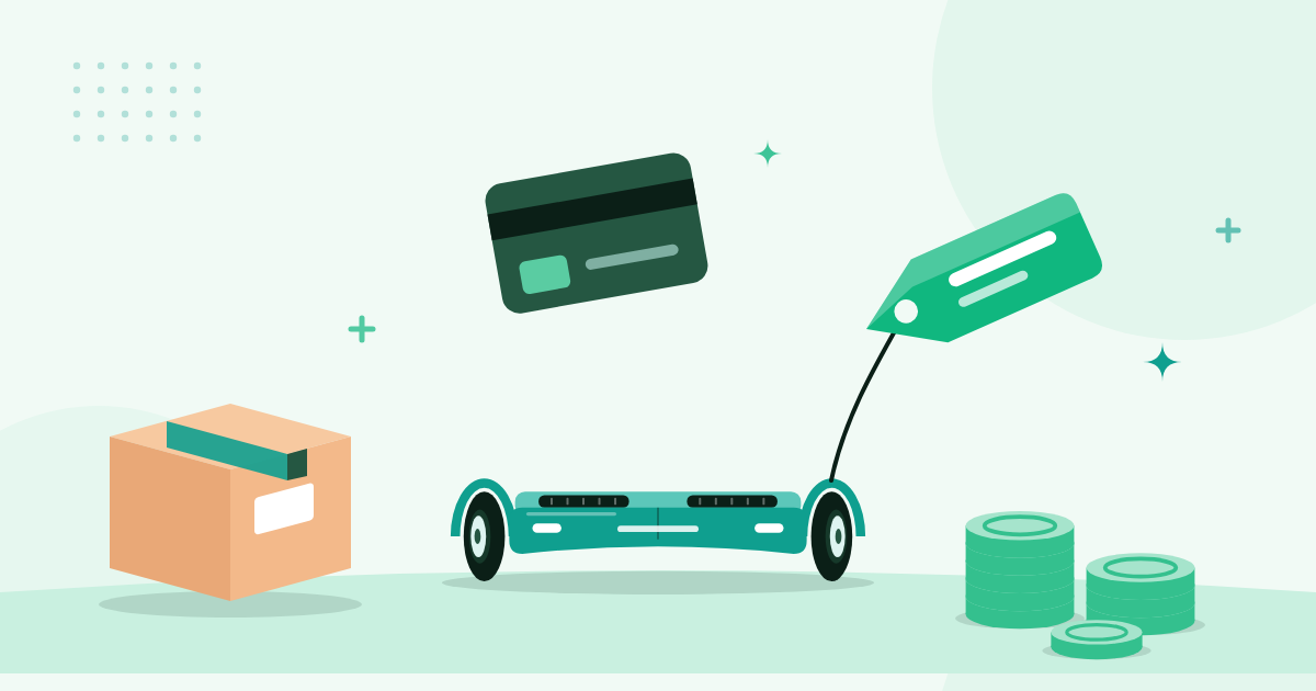Illustratie van een hoverboard met een prijskaartje, met een verzenddoos, een betaalpas en stapeltjes munten