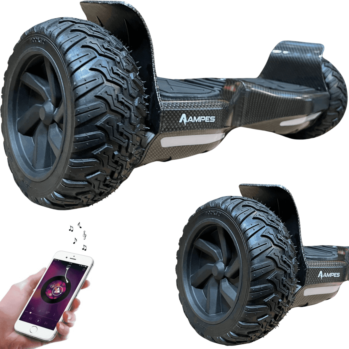 Off-road hoverboard 8,5 inch in Carbon met grove off-road banden en een detail van het wiel