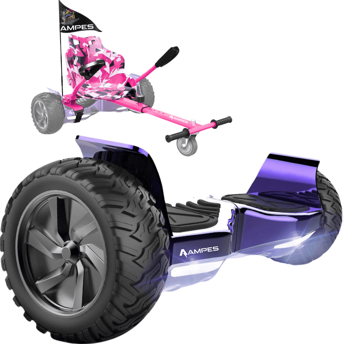 Off-road hoverboard met hoverkart: Chroom Paars met roze hoverkart