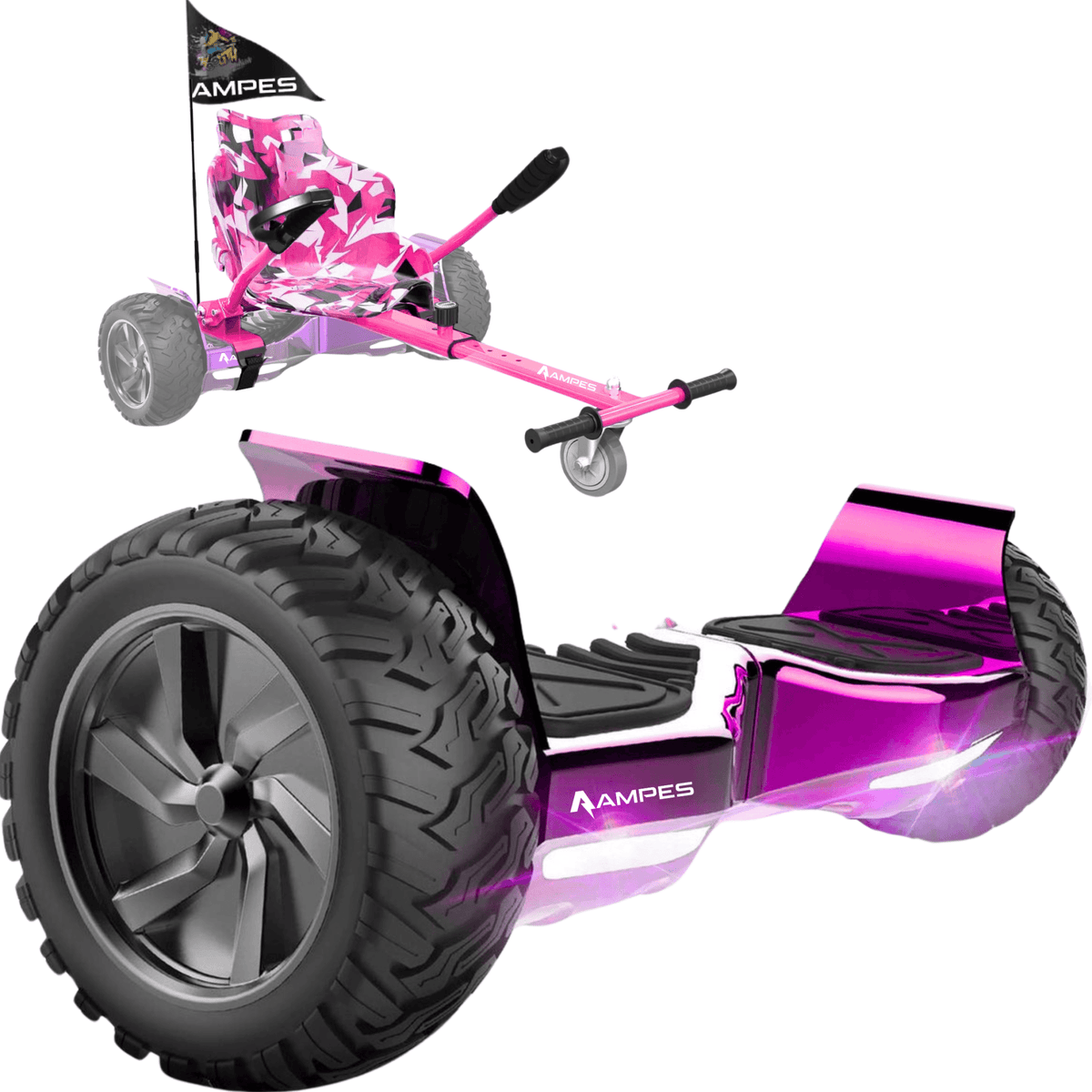 Off-road hoverboard met hoverkart: Chroom Roze met roze hoverkart