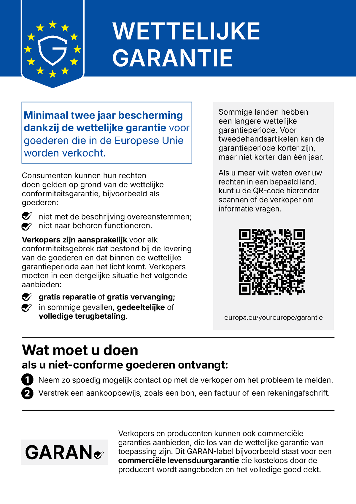 Europese melding wettelijke garantie: minimaal twee jaar bescherming voor goederen die in de Europese Unie worden verkocht